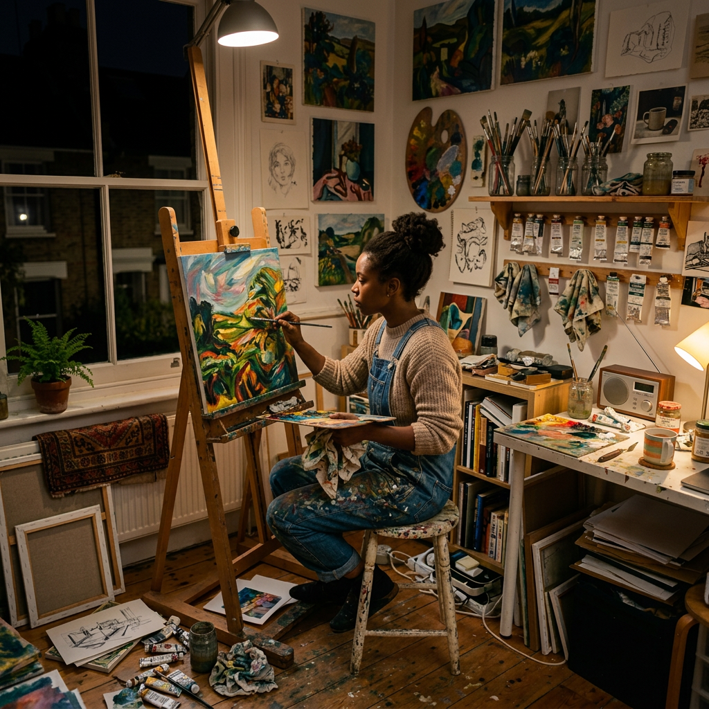 Artist painting a colorful landscape on an easel in a bright studio